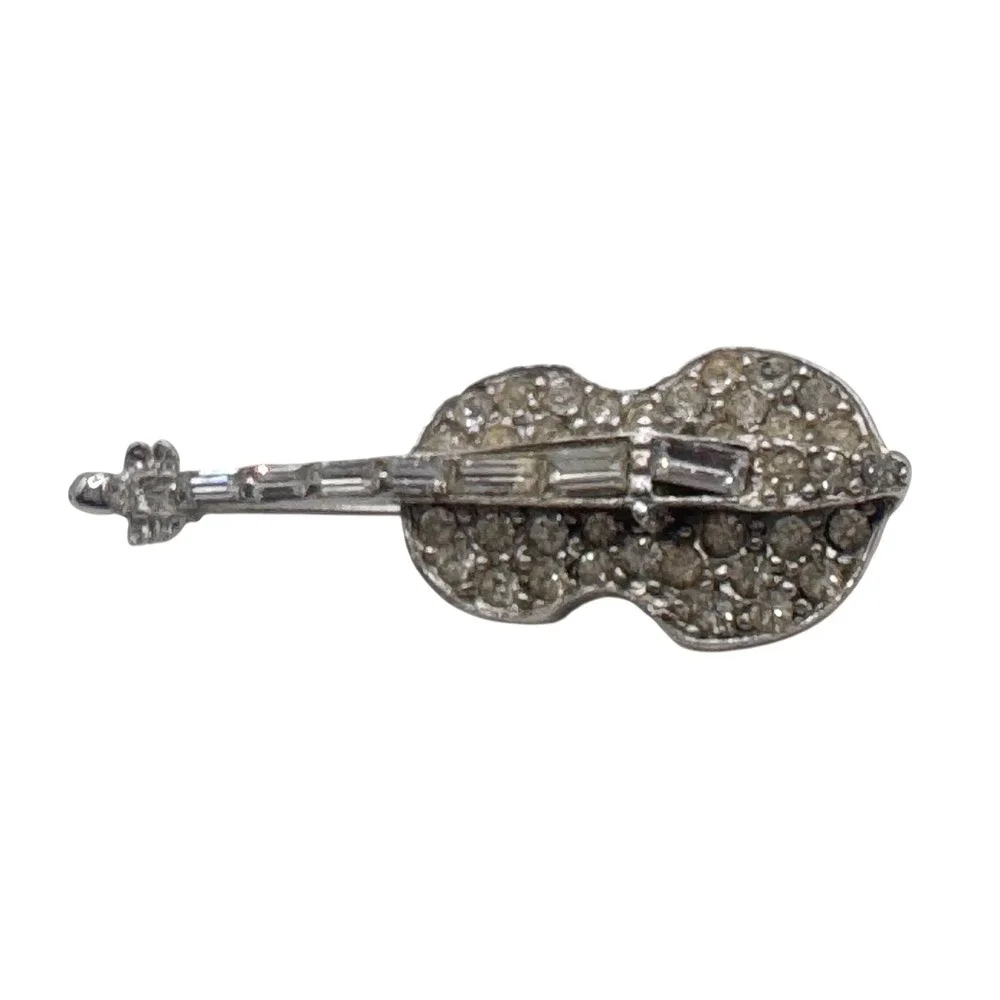 Pell Vintage Silver Tone Rhinestone Violin Musical Instrument‎ Brooch Pin
